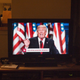 Republican presidential candidate Donald Trump delivers a speech during the Republican National Convention on July 21, 2016, at the Quicken Loans Arena in Cleveland, as shown on a television screen in Brooklyn, N.Y.
Robert Nickelsberg/Getty Images